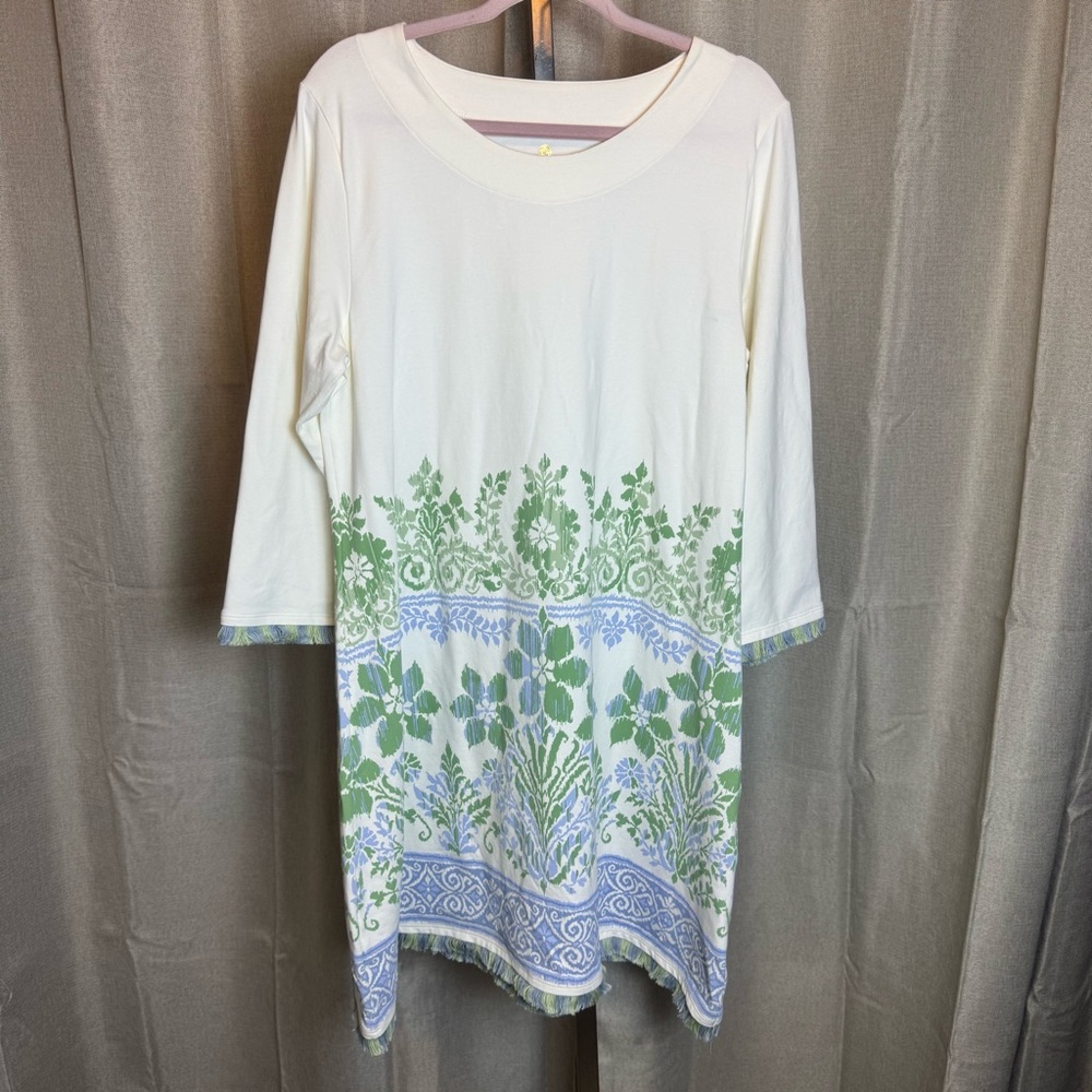 SPARTINA 449 Knee Length Tassel Fringe Dress off white with Green & Blue Floral
